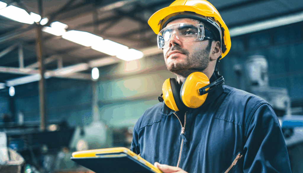 homme équipé avec des EPI portant une pochette et regardant vers la gauche